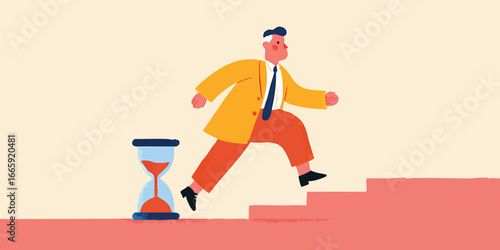 A determined professional strides purposefully towards a staircase, an hourglass symbolizing time management and productivity.