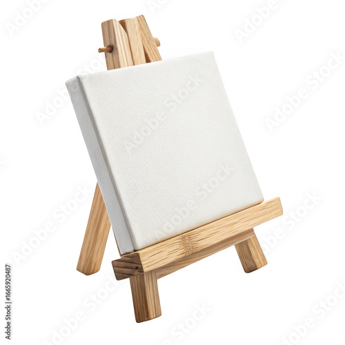Small wooden easel holding a blank white canvas isolated on transparent background