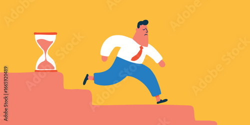 A determined individual dashes against the ticking clock, highlighting the urgency of time management and deadlines in a vibrant, graphic style.