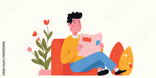 A person sits comfortably, absorbed in a book within a vibrant illustrated scene.