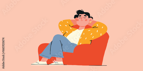 An illustration of a relaxed individual comfortably reclining in an armchair, embodying a sense of peace and tranquility in a minimalist style.