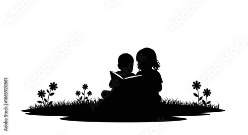 Children Reading Book Together Outdoor Silhouette
