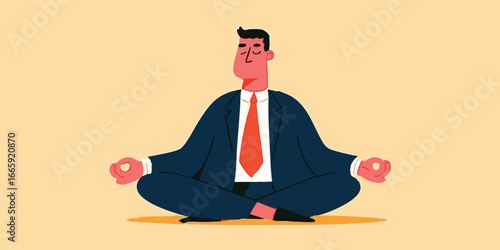 A focused businessman finds inner peace, sitting in the lotus position to meditate, representing a balanced work-life ethos and a calming presence within the corporate setting.
