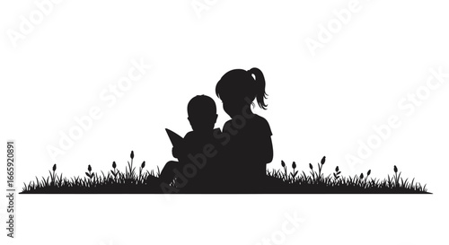 Children Reading Book Outdoors Silhouette