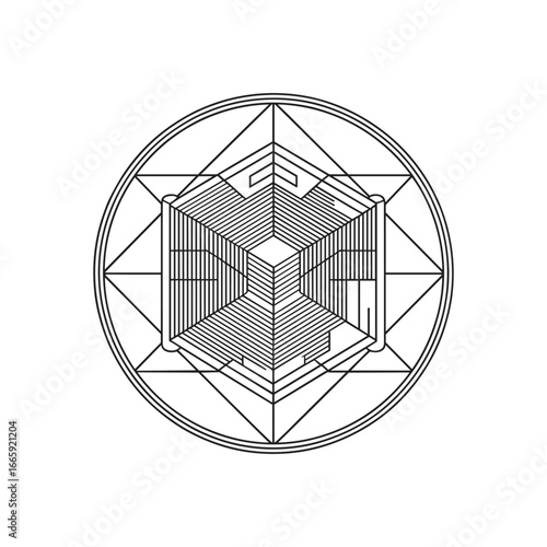 Intricate geometric sacred geometry design featuring cube within circle and star patterns white background