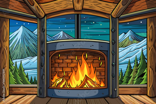 vector of Fireplace inside wooden cabin with cozy mountain view outside window 