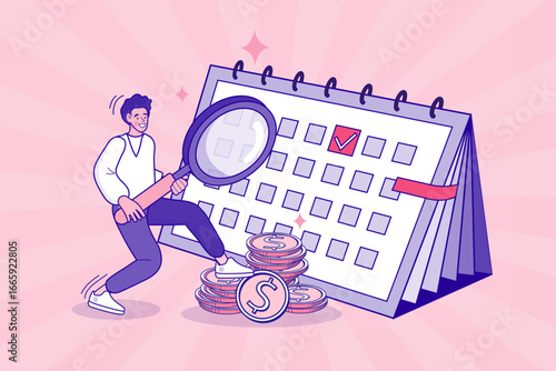 Financial planning concept with man holding magnifying glass on calendar with money. Payment schedule, budget deadline, payday reminder, and tax day vector illustration.
