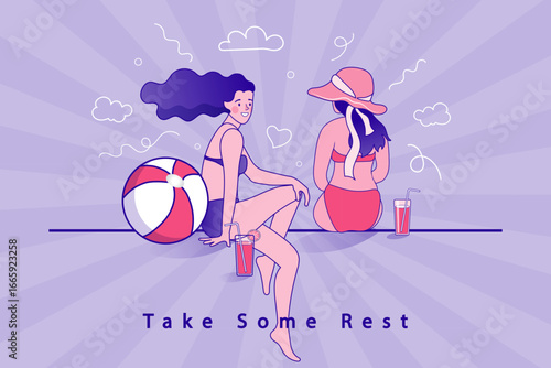 Two happy women in bikinis enjoy a relaxing summer holiday together. This stylish illustration evokes feelings of friendship, leisure, and serene vacation moments by the pool or beach..
