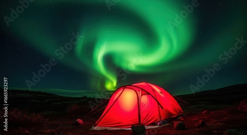Vibrant green Northern Lights swirling above a glowing red camping tent at night.