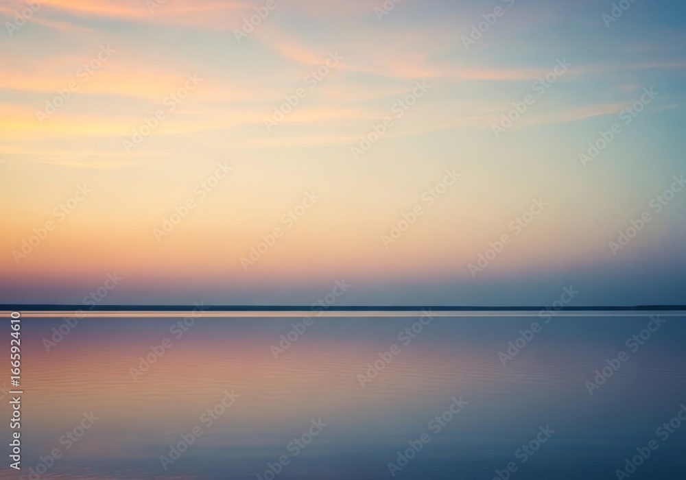 Obraz premium Serene landscape featuring a calm body of water reflecting a pastel-colored sky at dawn or dusk, with a soft gradient of colors.