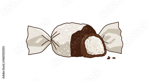 A delightful coconut candy illustration with a chocolate coating and a torn wrapper for a sweet treat concept