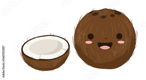 Adorable coconut illustration with a happy face beside a halved coconut for tropical vibes and healthy eating