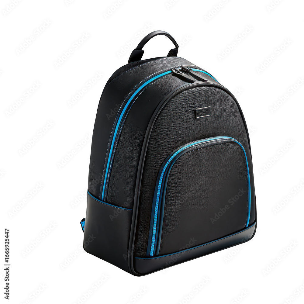 Fototapeta premium Modern black backpack with blue neon accents isolated on transparent background