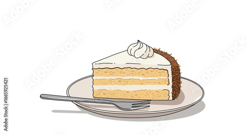 Delicious slice of layered cake with icing and a fork on a plate, ready to be enjoyed, tempting dessert illustration