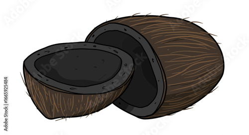 Detailed illustration of a halved coconut showcasing its husk, shell, and cavity, with a natural texture and organic feel