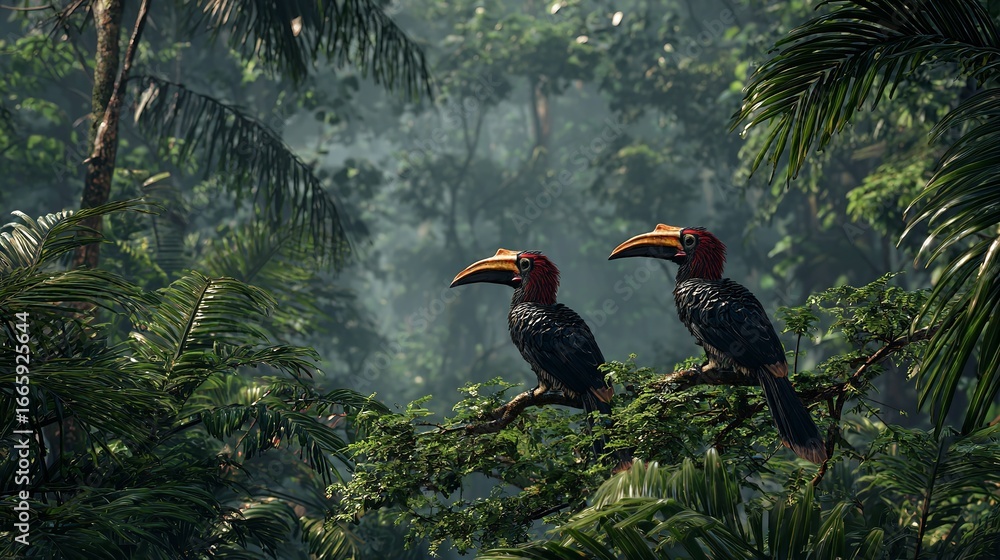Fototapeta premium Vibrant Hornbills Glide Gracefully Above the Dense Jungle