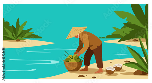 Illustration of a person in a conical hat harvesting coconuts by a tropical river with lush vegetation and sandy banks