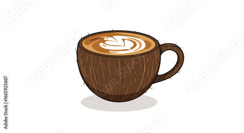 Illustration of cappuccino with latte art in a coconut shell cup, a unique and tropical twist on a classic beverage