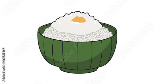 Rice bowl illustration with egg yolk offering a simple yet comforting meal in green bowl, perfect for food and culinary designs