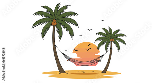 Tropical island paradise illustration with palm trees, hammock, sunset, and birds for relaxation and vacation vibes