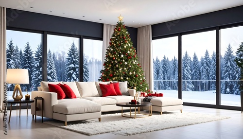 Modern Christmas living room with a snowy view