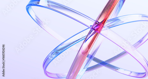 Fototapeta Naklejka Na Ścianę i Meble -  Blue science and tech 3d background with glass holographic transparent circle lines. Iridescent abstract structure of atom with purple red gradient for physics and chemistry design. 3D illustration