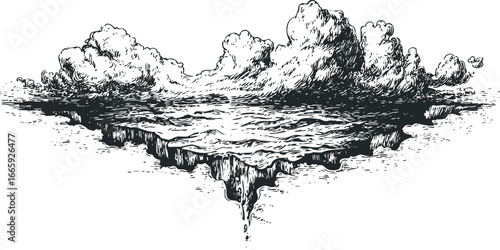 Sketched Island with Clouds and Flowing Water
