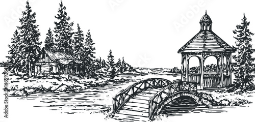 Sketch of wooden gazebo and bridge over water near pine trees and cabin
