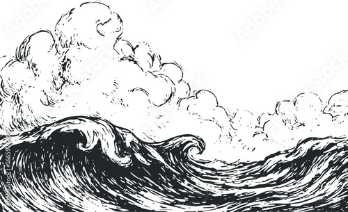 Bold graphic rendering of cresting ocean waves and dramatic clouds