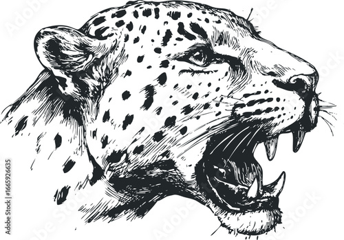Black and White Leopard Roaring With Mouth Open