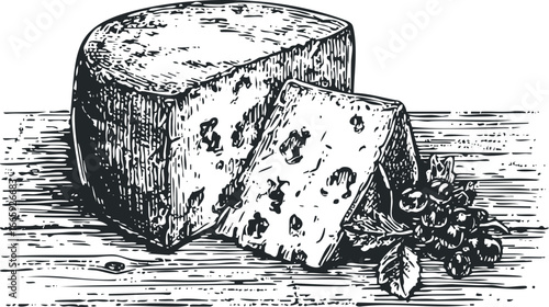 Textured slice of blue cheese with grapes on wooden surface