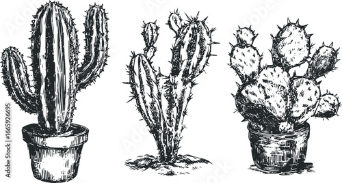 Three prickly cacti in pots on white background, line drawing
