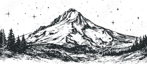 Majestic snow-capped mountain peak with pine forest under starry sky