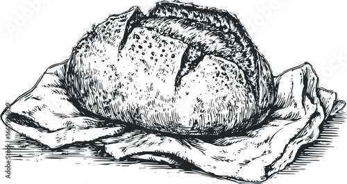 Hand Drawn Sketch of Rustic Sourdough Loaf on Crumpled Cloth
