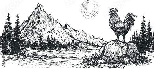 Rooster perched on rock overlooking mountainous forest landscape with sun graphic