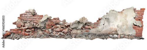 Fragment of a ruined brick wall with concrete debris isolated on transparent background
