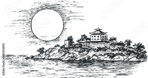 Ink sketch of historic Asian pagoda on rocky hill overlooking water with large moon