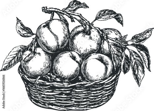 Woven basket overflowing with ripe fruit and leaves