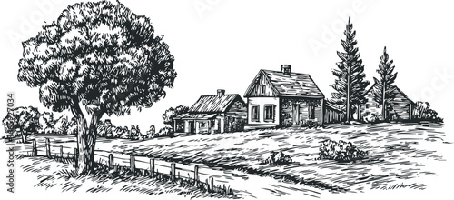 Rural homestead with rustic cabin and trees sketched in black ink