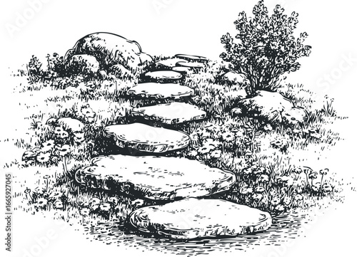 Stepping stones winding through grassy hillside with wildflowers and bush