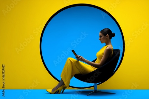 Woman in yellow jumpsuit using phone, tech concept in black chair with blue circle on yellow wall