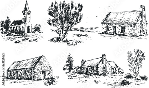 Sketch of Rural Stone Buildings and a Church with Trees and Landscape