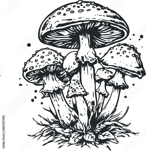 Woodland Mushroom Cluster with Spotted Caps and Foliage