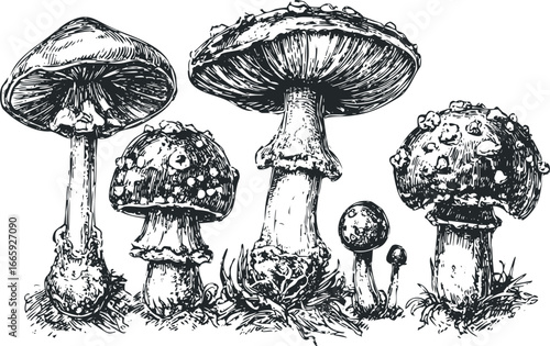 Group of stylized toadstool mushrooms with detailed caps and stems in ink drawing