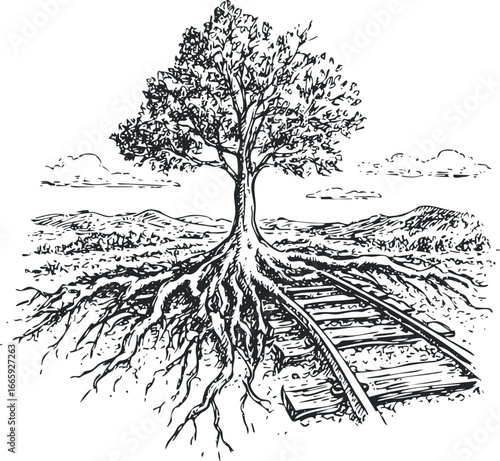 Tree with expansive roots growing over railway tracks in a landscape