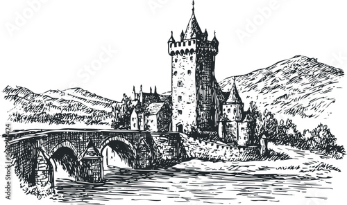 Castle with Tower and Arched Bridge over River in Lush Landscape