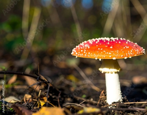 Red toadstool in autumnal forest