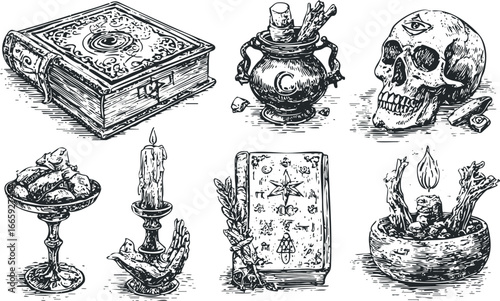 Collection of vintage occult objects including skull, grimoire, potion bottle, and candle