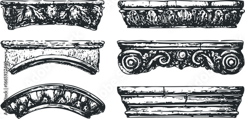 Set of ornate architectural molding elements and carved stone fragments