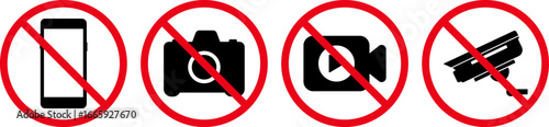 No photography video prohibited forbidden area sign printable symbol set silhouette camera icon design. No Photographing prohibition sign symbol. No Video, photo, phone, prohibited logo. PNG or Vector